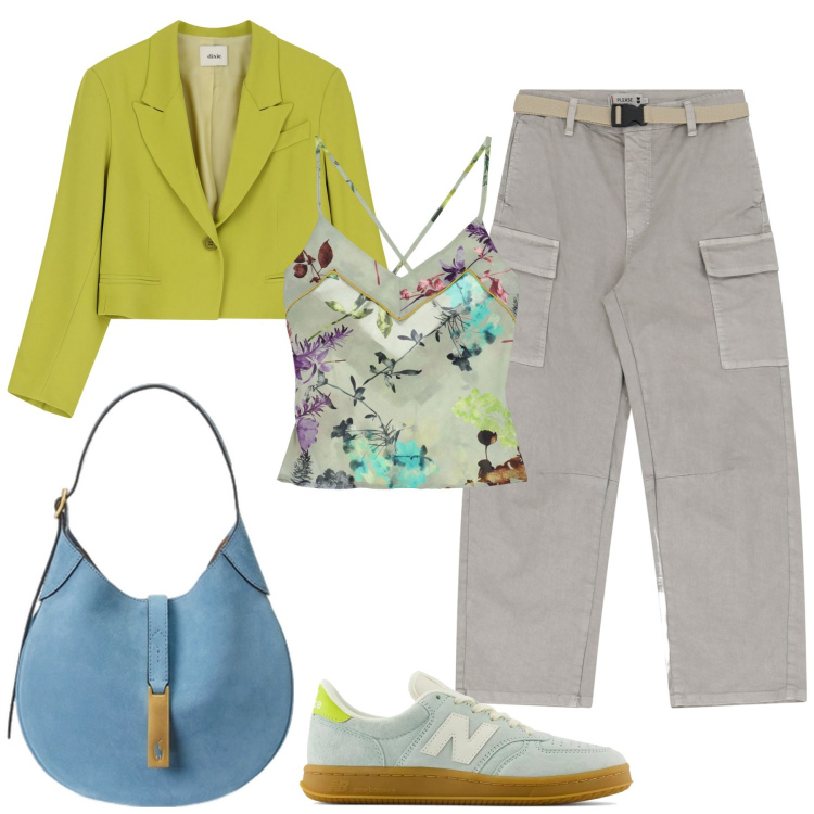 Outfit donna - Top a fantasia floreale. Stile Casual chic per Tutti i giorni. Abbinamento con sneakers, pantaloni chino, blazer, canottiere, borse a spalla.