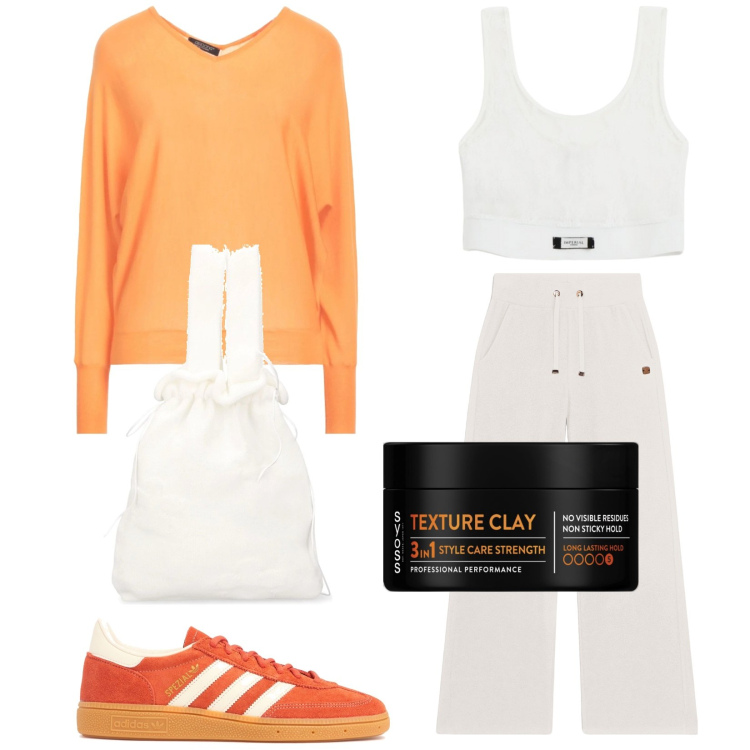 Outfit donna - Texture clay. Stile Sporty chic per Tutti i giorni. Abbinamento con pullovers, terre, top, pantaloni, borse a mano, sneakers.