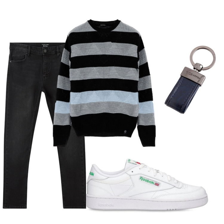 Outfit uomo - Total look #2095709. Stile Casual per Tutti i giorni. Abbinamento con jeans skinny, maglieria, portachiavi, sneakers.
