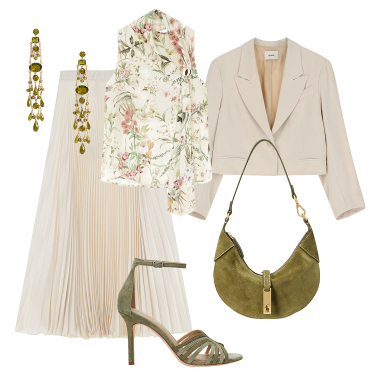 Outfit donna - Cerimonia di primavera. Stile Chic per Cerimonia. Abbinamento con top, gonne lunghe, blazer, sandali in pelle, borse a spalla, orecchini.