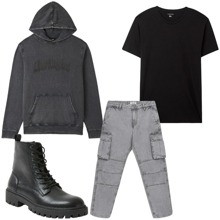 Outfit uomo - Look comodo. Stile Urban per Tutti i giorni. Abbinamento con t-shirt, felpe con cappuccio, anfibi, jeans.