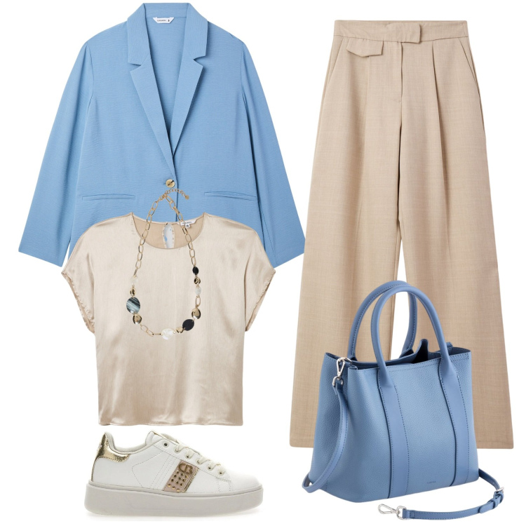 Outfit donna - Total look #2095720. Stile Casual chic per Ufficio. Abbinamento con pantaloni, blazer, bluse, collane, borse a mano, sneakers.