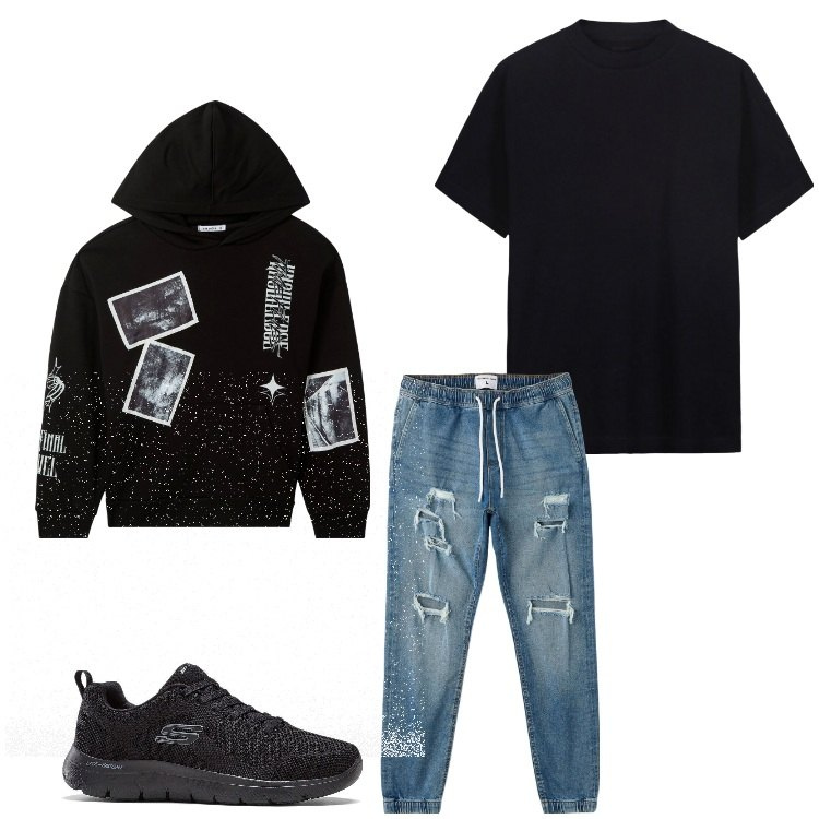 Outfit uomo - Giovanile. Stile Casual per Tutti i giorni. Abbinamento con sneakers, felpe con cappuccio, jeans strappati, t-shirt.