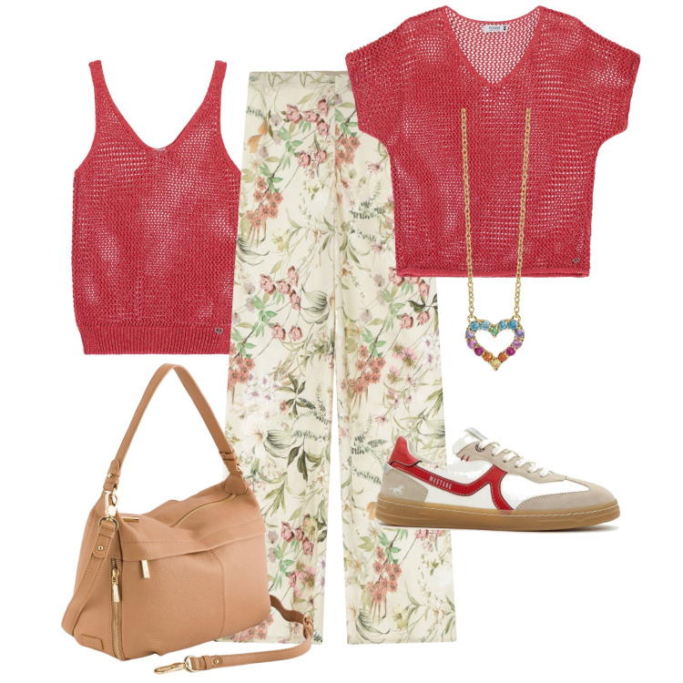 Outfit donna - Twin set traforato. Stile Trendy per Tutti i giorni. Abbinamento con sneakers, collane, maglieria, canottiere, pantaloni, borse a tracolla.