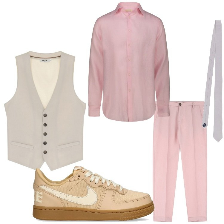 Outfit uomo - Rosa e sneakers. Stile Casual per Serata speciale. Abbinamento con pantaloni, gilet, camicie, sneakers, cravatte.
