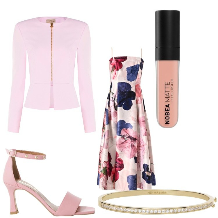 Outfit donna - Fiori da cerimonia. Stile Chic per Cerimonia. Abbinamento con rossetti, braccialetti, vestiti midi/longuette, blazer, sandali col tacco.