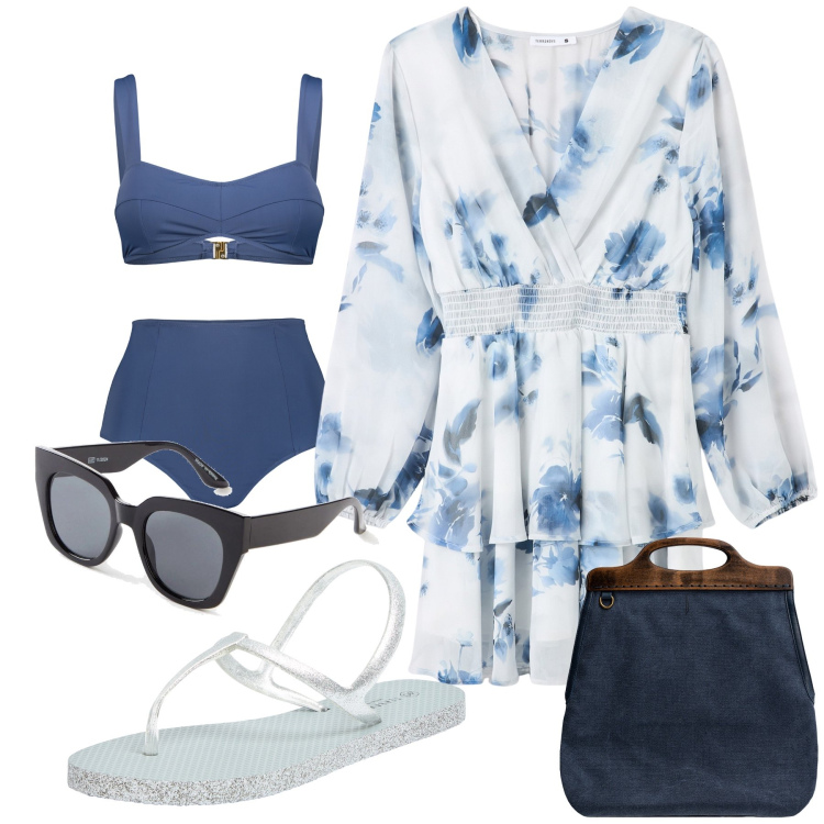 Outfit donna - Primo pranzo sul lungomare. Stile Trendy per Mare. Abbinamento con occhiali da sole, sandali, vestiti, borse a tracolla, bikini.
