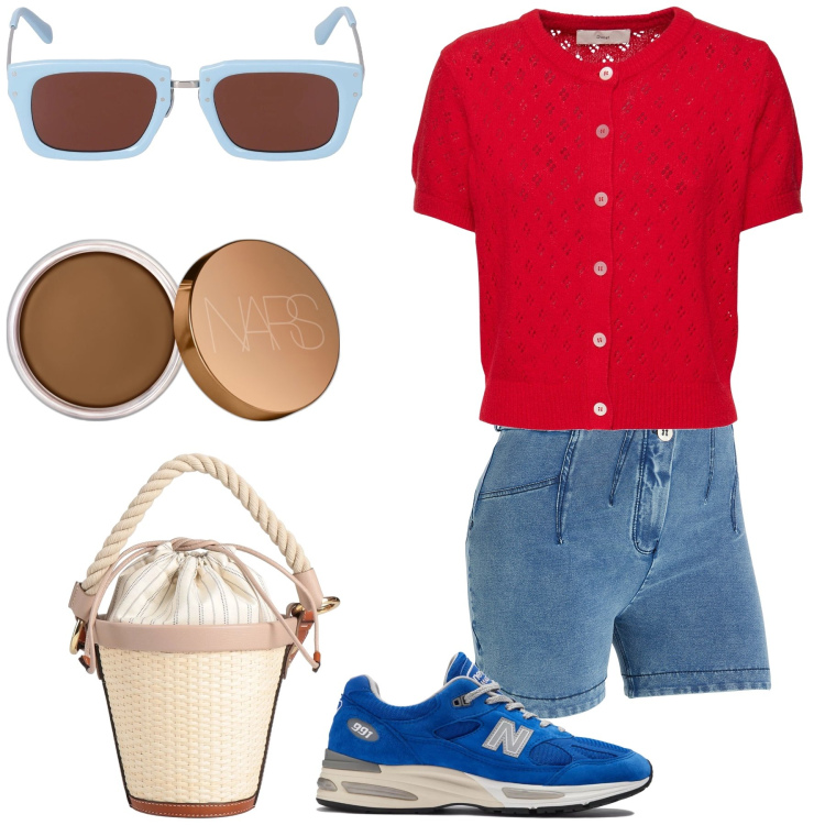Outfit donna - Primi caldi. Stile Casual chic per Tutti i giorni. Abbinamento con borse a secchiello, terre, sneakers, shorts, cardigans, occhiali da sole.
