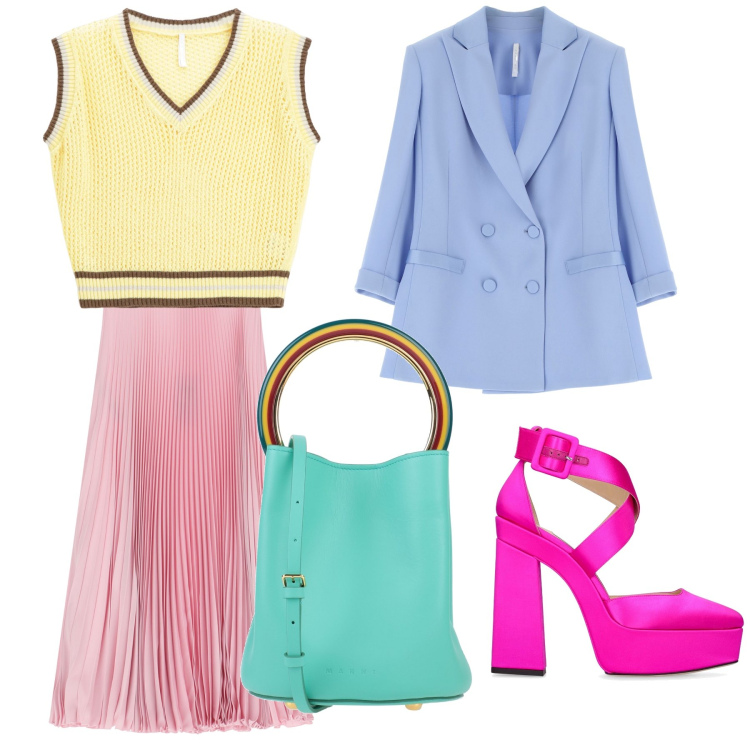 Outfit donna - Colors of life. Stile Trendy per Tutti i giorni. Abbinamento con borse a mano, gonne lunghe, maglieria, blazer, décolleté.