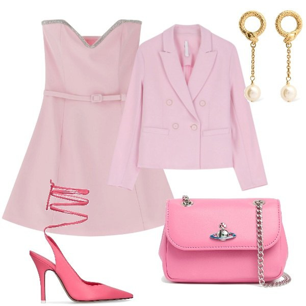 Outfit donna - Matrimonio in vista. Stile Glamour per Cerimonia. Abbinamento con vestiti corti, blazer, borse a spalla, décolleté, orecchini.