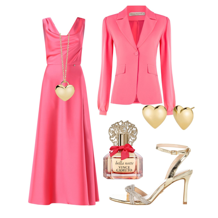 Outfit donna - Cerimonia rosa camelia. Stile Chic per Cerimonia. Abbinamento con profumi, collane, orecchini, vestiti lunghi, sandali col tacco, blazer.