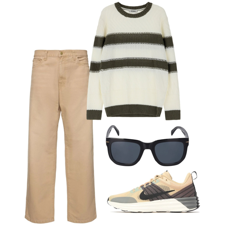Outfit uomo - Fine inverno. Stile Casual per Tutti i giorni. Abbinamento con maglieria, occhiali da sole, pantaloni, sneakers.
