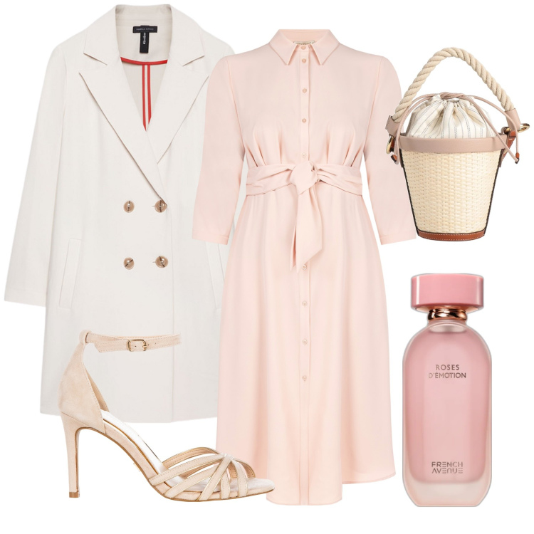 Outfit donna - Total look #2095757. Stile Romantica per Cerimonia. Abbinamento con borse a secchiello, profumi, vestiti lunghi, sandali col tacco, cappotti.