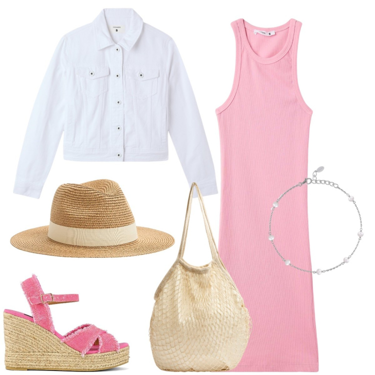 Outfit donna - Total look #2095762. Stile Casual per Tutti i giorni. Abbinamento con vestiti corti, cappelli, borse a tracolla, blazer, braccialetti, sandali col tacco.