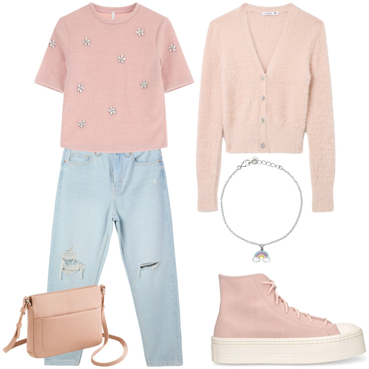 Outfit donna - Primavera. Stile Casual chic per Tutti i giorni. Abbinamento con maglieria, jeans mom, cardigans, braccialetti, sneakers, borse a tracolla.