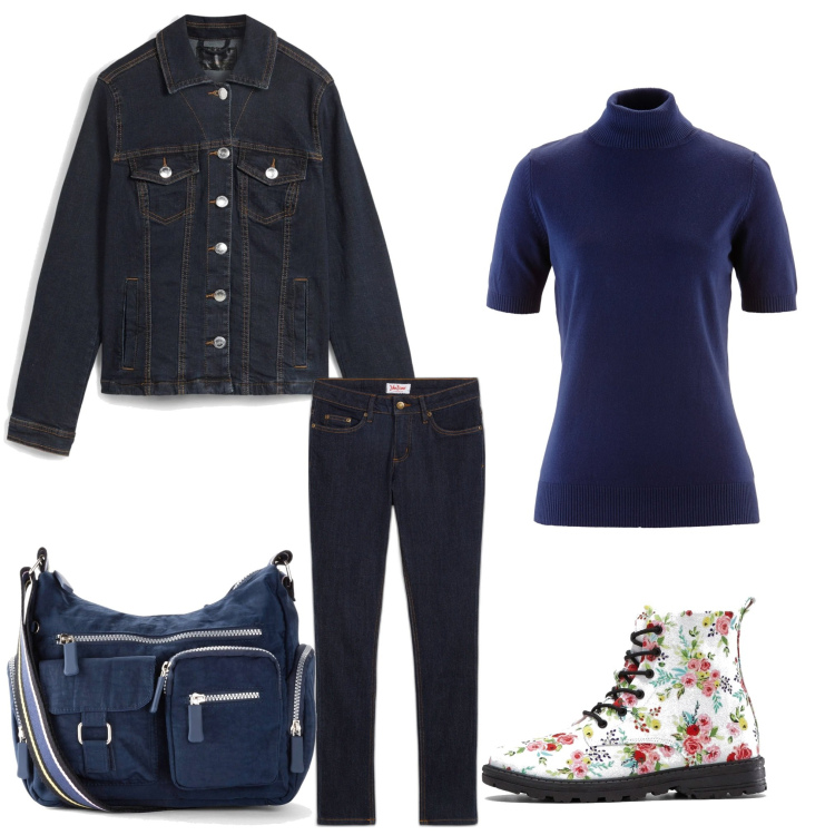 Outfit donna - Jeans e fiori. Stile Casual per Tutti i giorni. Abbinamento con borse a tracolla, jeans skinny, maglieria, blazer, stivaletti.