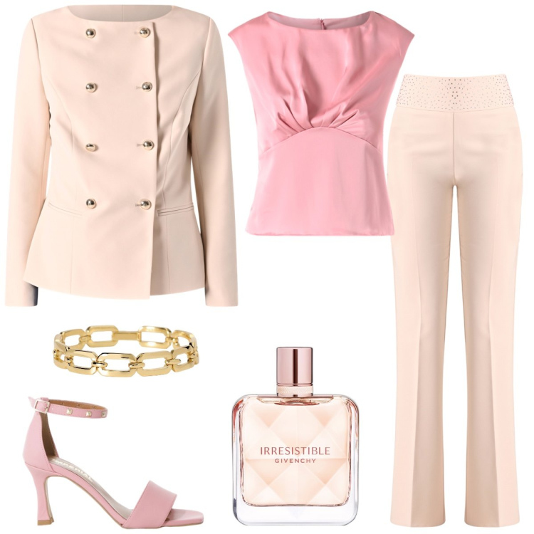 Outfit donna - Total look #2095775. Stile Chic per Cerimonia. Abbinamento con profumi, braccialetti, top, pantaloni, blazer, sandali col tacco.