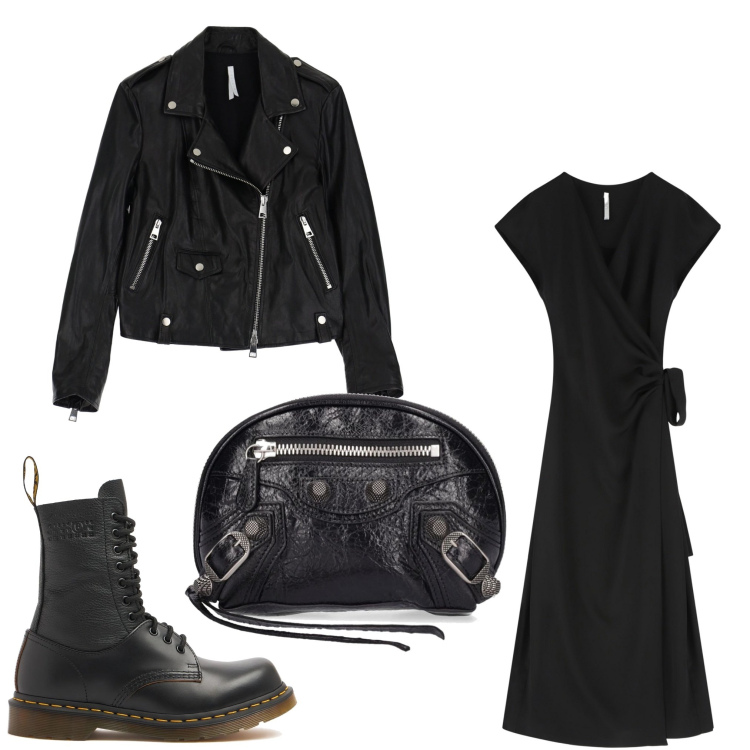 Outfit donna - Black rock. Stile Rock per Serata fuori. Abbinamento con vestiti midi/longuette, giacche, borse a secchiello, stivali.