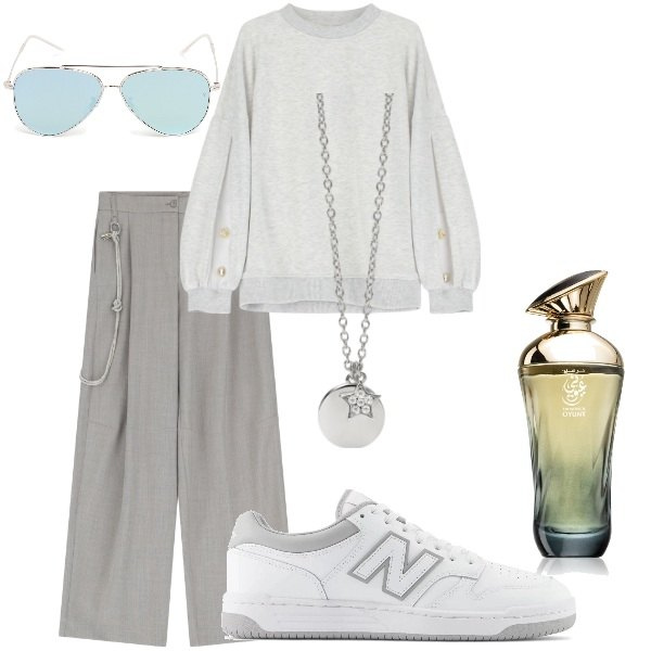 Outfit donna - A spasso per la città. Stile Trendy per Tutti i giorni. Abbinamento con profumi, ciondoli, sneakers, felpe, pantaloni, occhiali da sole.