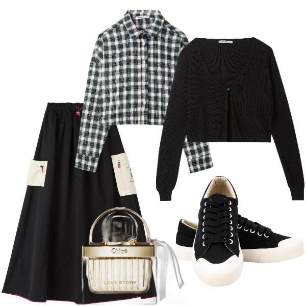 Outfit donna - A spasso per la città. Stile Trendy per Serata fuori. Abbinamento con profumi, cardigans, gonne lunghe, camicie, sneakers.