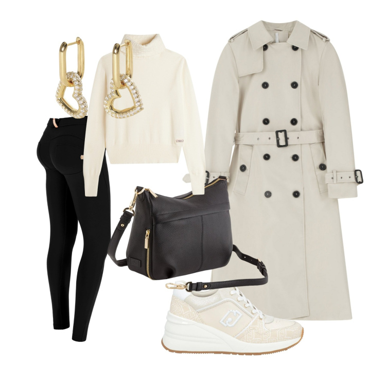 Outfit donna - Passeggiata domenica pomeriggio. Stile Casual chic per Tutti i giorni. Abbinamento con sneakers, orecchini, trench, pantaloni skinny, maglieria, borse a tracolla.
