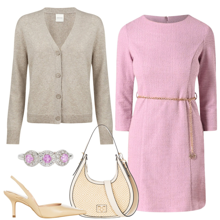 Outfit donna - Rosa minimale. Stile Minimal per Serata fuori. Abbinamento con anelli, vestiti a tubino, décolleté, borse a mano, cardigans.