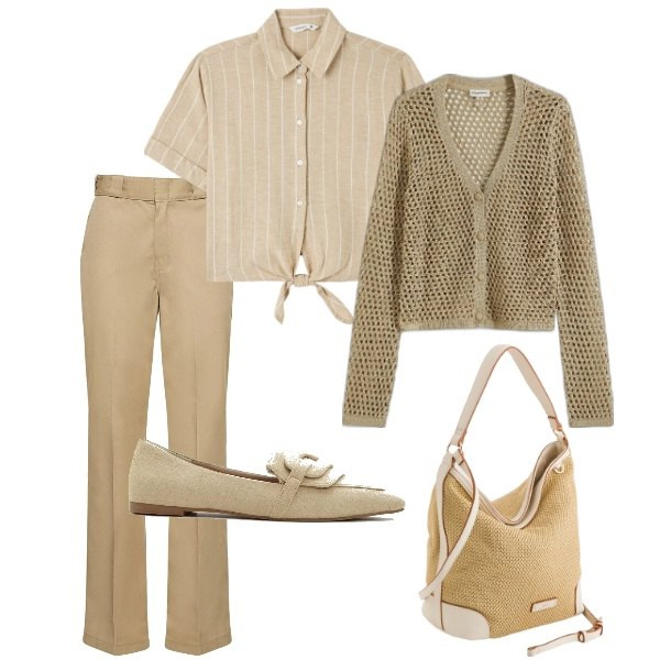 Outfit donna - Domenica mattina. Stile Casual chic per Tutti i giorni. Abbinamento con mocassini, cardigans, camicie a manica corta, pantaloni, borse a tracolla.