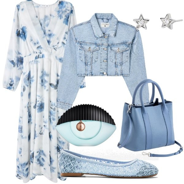 Outfit donna - Aspettando la primavera. Stile Trendy per Tutti i giorni. Abbinamento con ballerine, profumi, vestiti lunghi, blazer, orecchini, borse a mano.