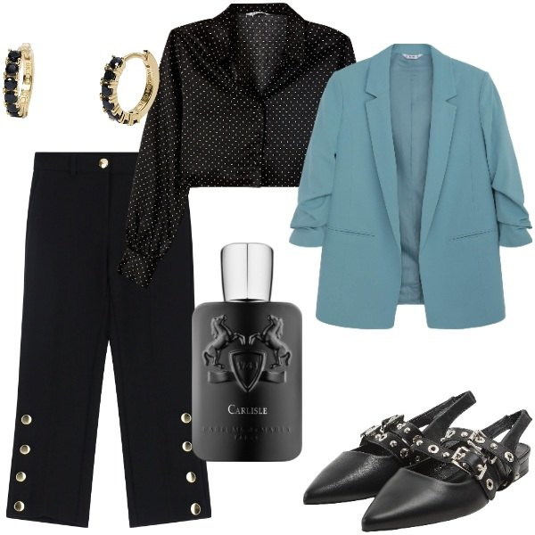 Outfit donna - Serata fuori. Stile Casual chic per Serata fuori. Abbinamento con profumi, camicie, blazer, sabot, orecchini, pantaloni.