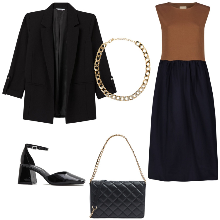 Outfit donna - Abitino bicolore. Stile Glamour per Serata fuori. Abbinamento con décolleté, blazer, collane, borse a tracolla, vestiti midi/longuette.