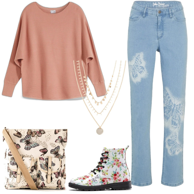 Outfit donna - Fiorì e farfalle. Stile Casual per Scuola/Università. Abbinamento con maglieria, collane, borse a tracolla, jeans dritti, stivaletti.
