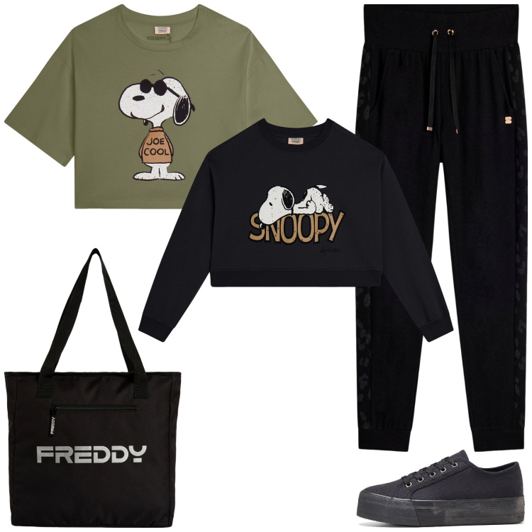 Outfit donna - Total look #2095792. Stile Casual per Tutti i giorni. Abbinamento con sneakers, pantaloni, t-shirt, felpe, shopping bag.