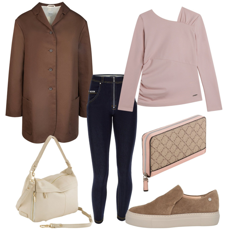Outfit donna - Total look #2095794. Stile Casual chic per Tutti i giorni. Abbinamento con sneakers, maglieria, jeans skinny, trench, borse a tracolla, portafogli.