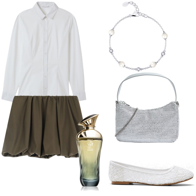 Outfit donna - Domenica pomeriggio. Stile Bon Ton per Tutti i giorni. Abbinamento con ballerine, profumi, borse a tracolla, camicie, braccialetti, minigonne.