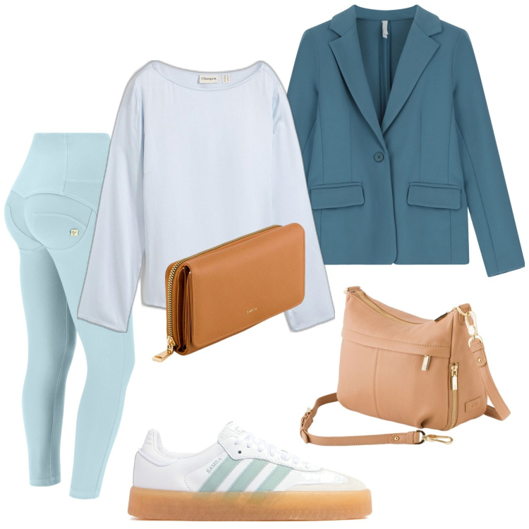 Outfit donna - Tra marzo e aprile. Stile Trendy per Tutti i giorni. Abbinamento con bluse, blazer, pantaloni skinny, sneakers, portafogli, borse a tracolla.