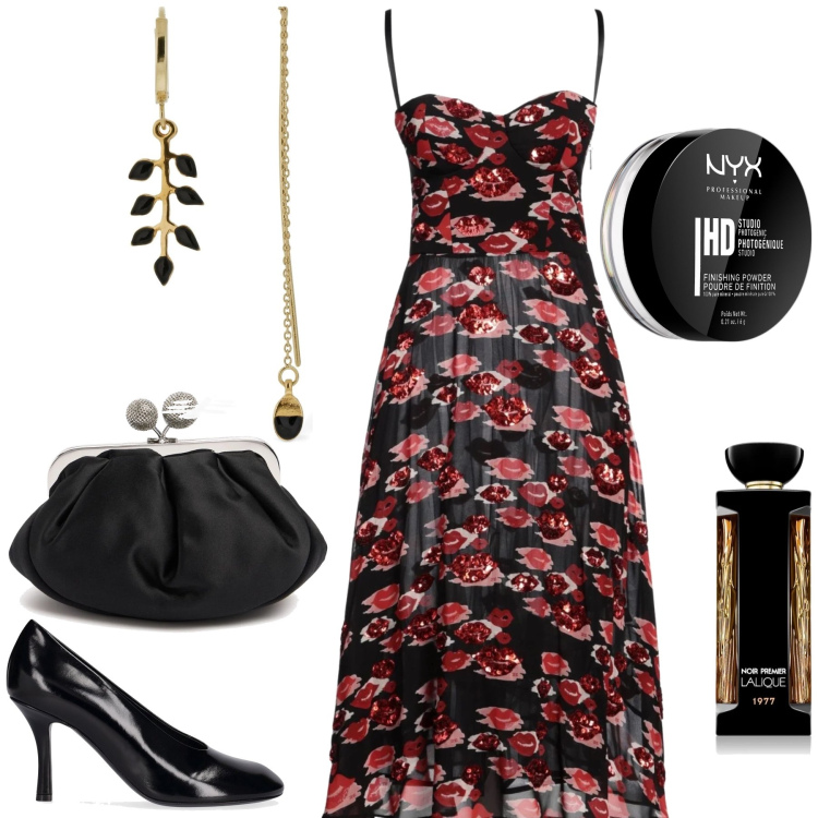 Outfit donna - Serata fiorita di primavera. Stile Glamour per Serata fuori. Abbinamento con vestiti midi/longuette, ciprie, profumi, orecchini, pochette, décolleté.
