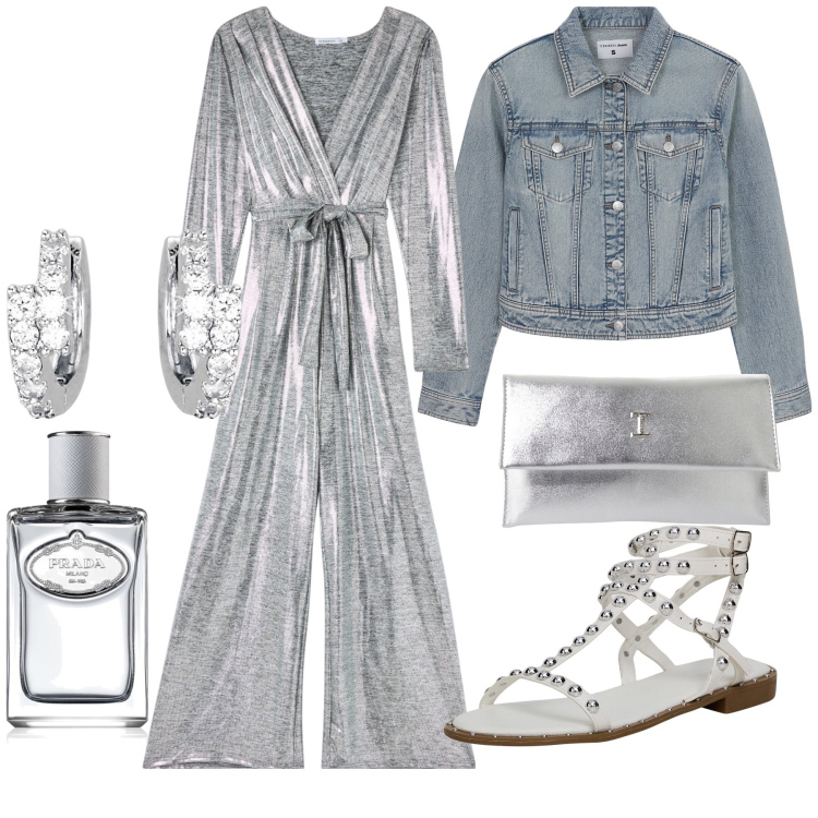 Outfit donna - Serata molto glamour. Stile Glamour per Serata fuori. Abbinamento con profumi, tute, blazer, sandali, orecchini, pochette.