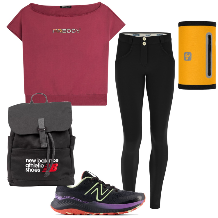 Outfit donna - Freddy e New Balance per lo sport. Stile Casual chic per Sport. Abbinamento con sneakers, zaini, pantaloni skinny, t-shirt, fasce per capelli.