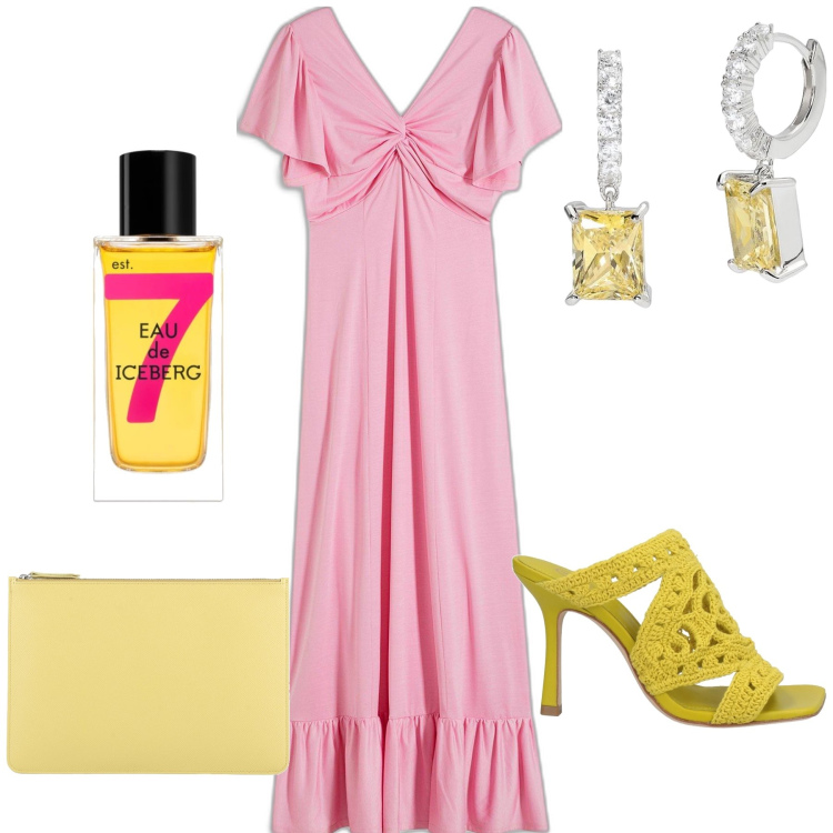 Outfit donna - Insolito giallo sul rosa. Stile Glamour per Cerimonia. Abbinamento con vestiti lunghi, sandali in pelle, pochette, profumi, orecchini.