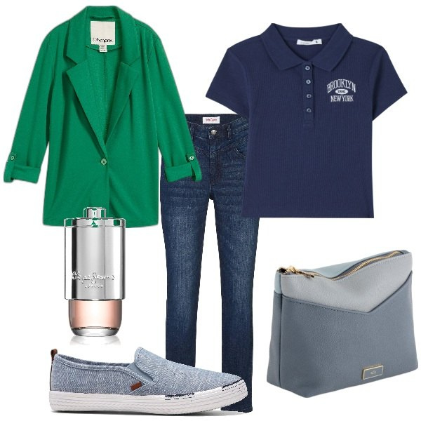 Outfit donna - Aspettando la primavera. Stile Trendy per Tutti i giorni. Abbinamento con jeans skinny, blazer, sneakers, profumi, polo, valigie.