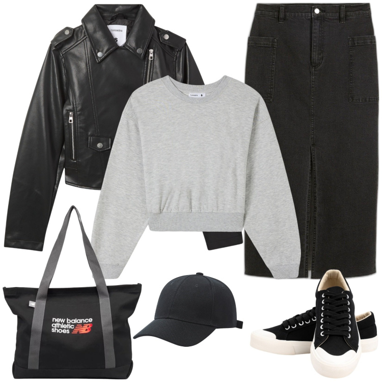 Outfit donna - Chiodo e longuette. Stile Urban per Tutti i giorni. look ideale per Petite. Abbinamento con gonne longuette, giacche, cappelli, felpe, borse tote, sneakers.