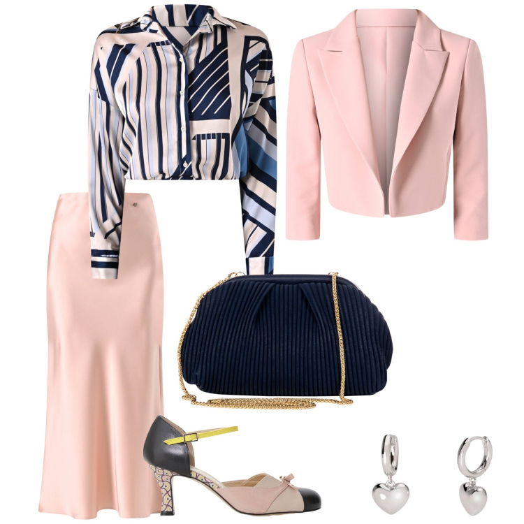 Outfit donna - Communione in famiglia in rosa. per Cerimonia. Abbinamento con pochette, camicie, gonne, blazer, orecchini, décolleté.