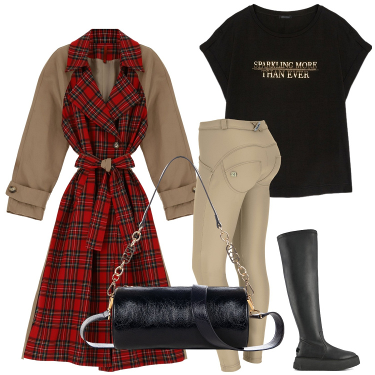 Outfit donna - Al pub con gli amici. Stile Casual chic per Serata fuori. Abbinamento con borse a mano, trench, pantaloni skinny, stivali sopra il ginocchio, t-shirt.