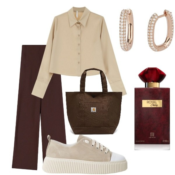 Outfit donna - Domenica mattina. Stile Casual chic per Tutti i giorni. Abbinamento con profumi, orecchini, sneakers, pantaloni, camicie, borse tote.