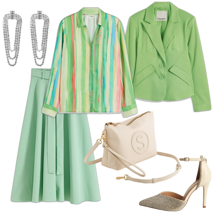 Outfit donna - Verde primavera. Stile Casual chic per Ufficio. Abbinamento con gonne lunghe, blazer, camicie, orecchini, décolleté, valigie.