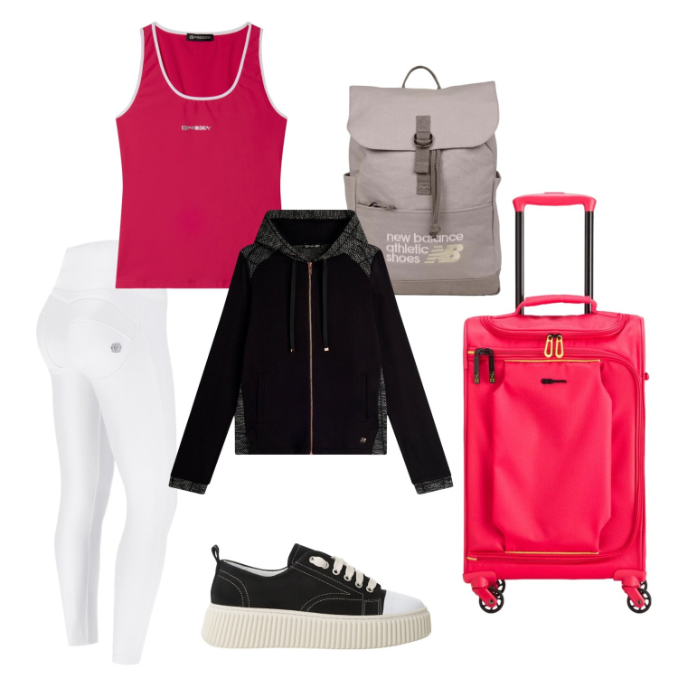 Outfit donna - In viaggio o in palestra. Stile Sporty chic per Tutti i giorni. Abbinamento con zaini, sneakers, pantaloni skinny, felpe con cappuccio, canottiere, valigie.