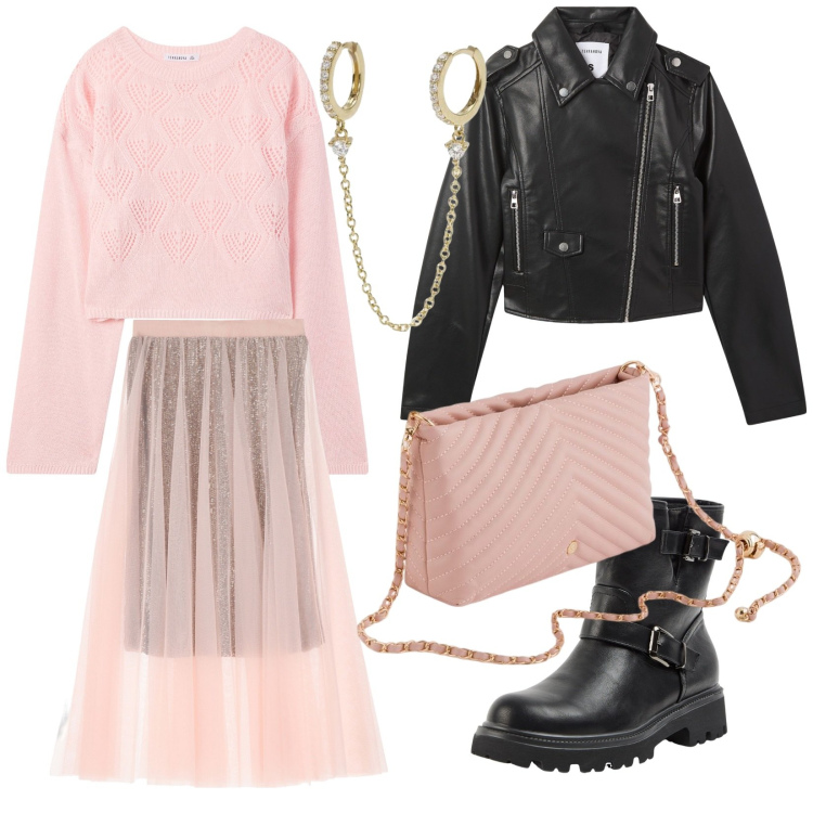 Outfit donna - Pink rock. Stile Rock per Tutti i giorni. Abbinamento con giacche, maglieria, stivaletti, orecchini, gonne lunghe, borse a tracolla.