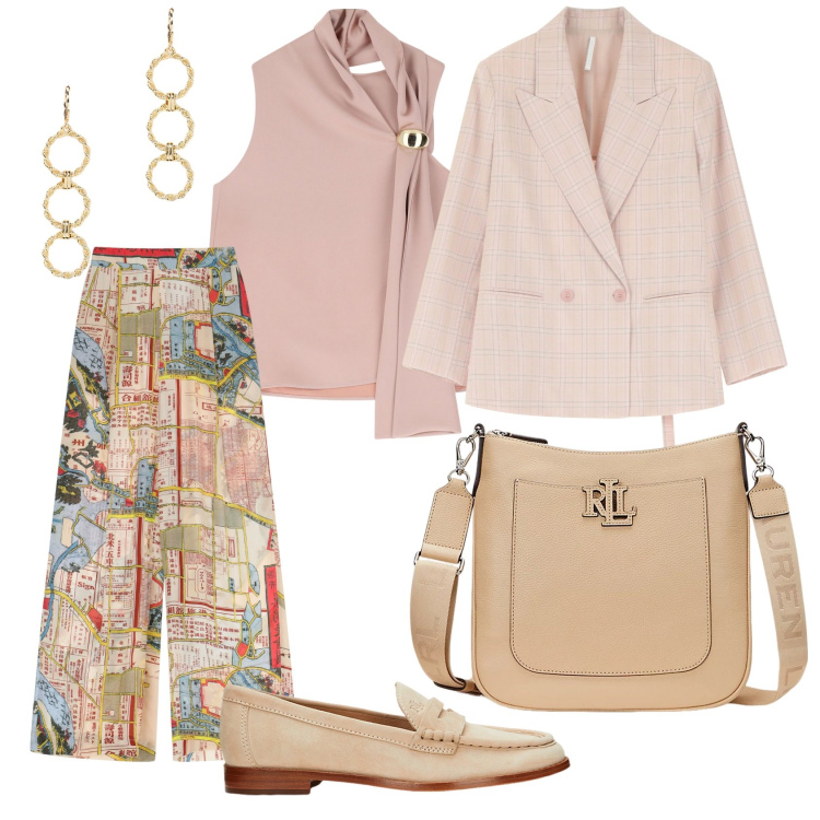 Outfit donna - Total look #2095834. Stile Casual chic per Tutti i giorni. Abbinamento con blazer, top, pantaloni a palazzo, orecchini, mocassini, borse a tracolla.