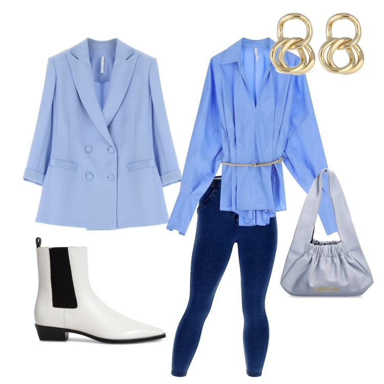 Outfit donna - Colori del cielo. per Tutti i giorni. Abbinamento con camicie, blazer, jeggings, stivaletti chelsea, borse a spalla, orecchini.