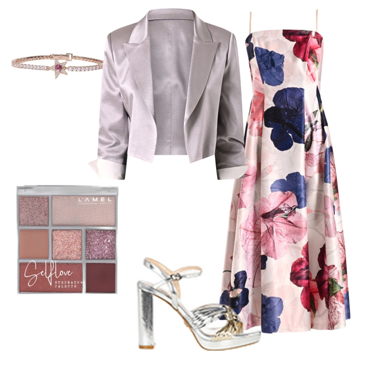 Outfit donna - Total look #2095837. Stile Glamour per Serata fuori. Abbinamento con ombretti, braccialetti, blazer, sandali in pelle, vestiti midi/longuette.